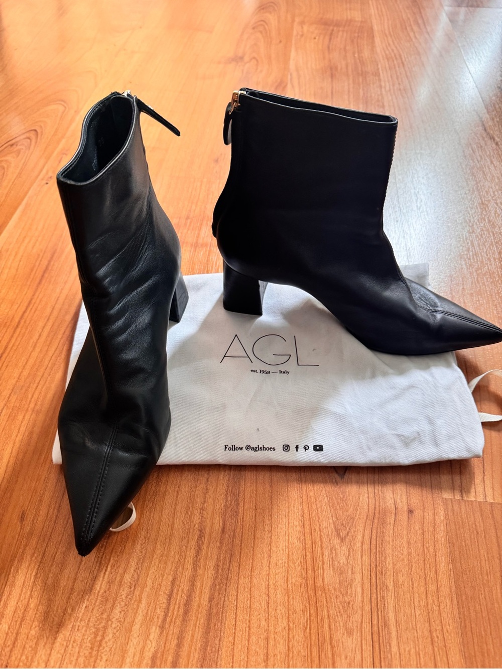 AGL Black Pointed Toe Leather Booties with Block Heel